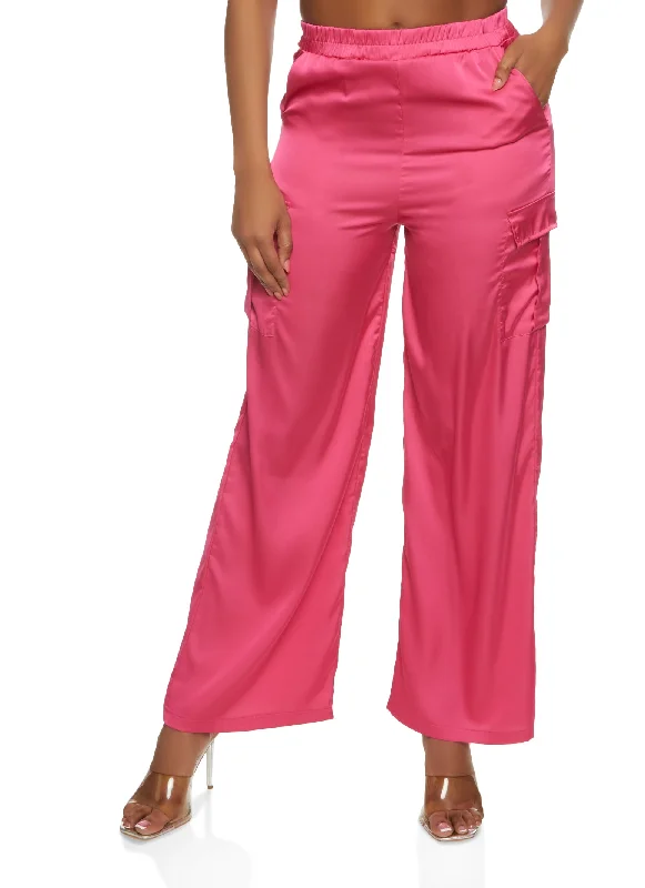 Satin Cargo Pocket Wide Leg Pants