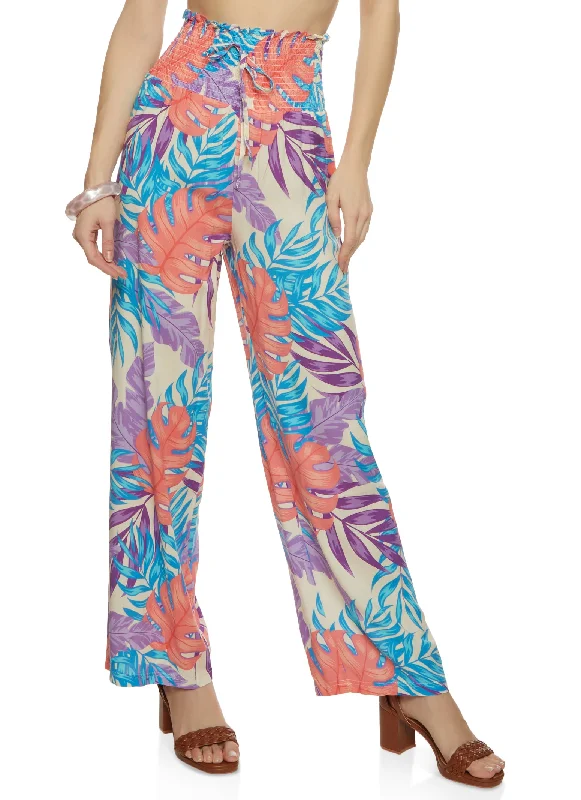 Smocked Waist Tropical Print Wide Leg Pants