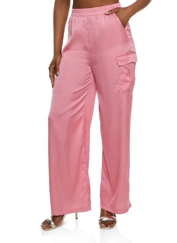 Satin Cargo Pocket Wide Leg Pants