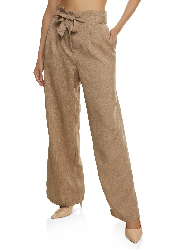 Linen Paper Bag Waist Wide Leg Pants