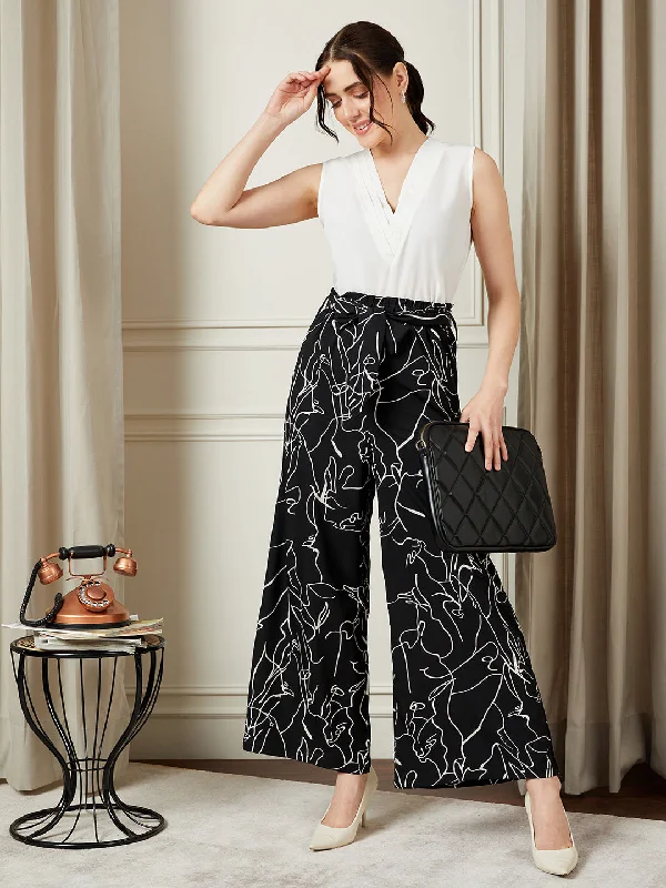 Berrylush BIZwear Women Black & White Abstract Printed Tie-Up Waist Slip-On Regular Parallel Trousers