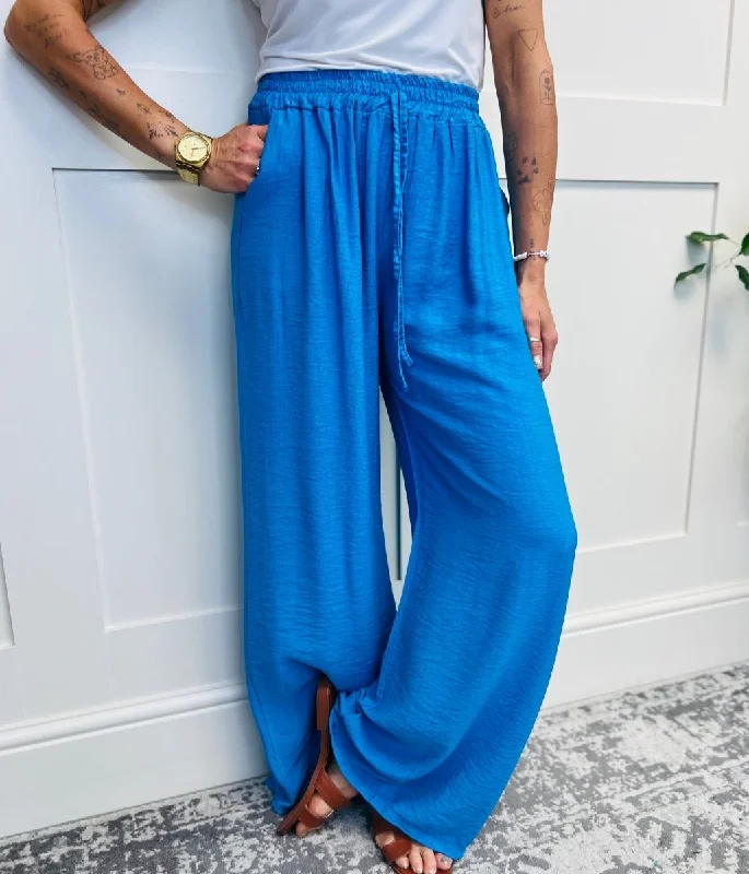 Blue Linen Look Wide Trousers