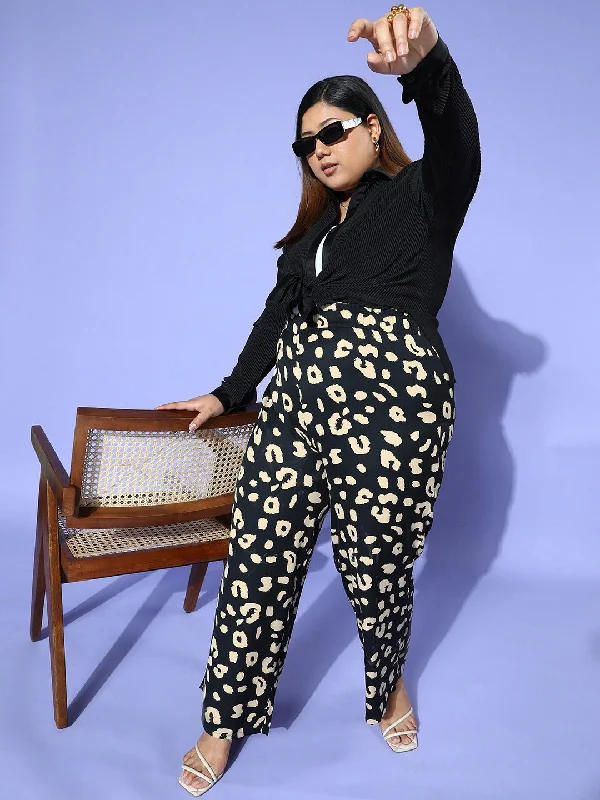 Berrylush Women Plus Size Black & White Animal Printed High-Rise Elastic Waist Slip-On Regular Trousers