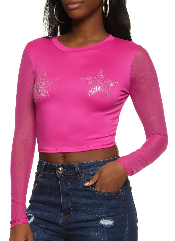 Rhinestone Star Mesh Sleeve Crop Top