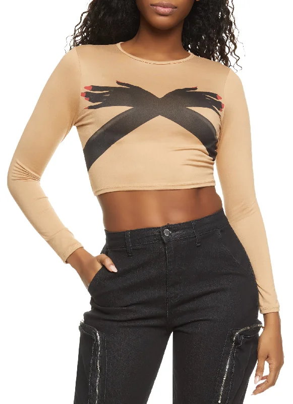 Criss Cross Hand Print Graphic Crop Top