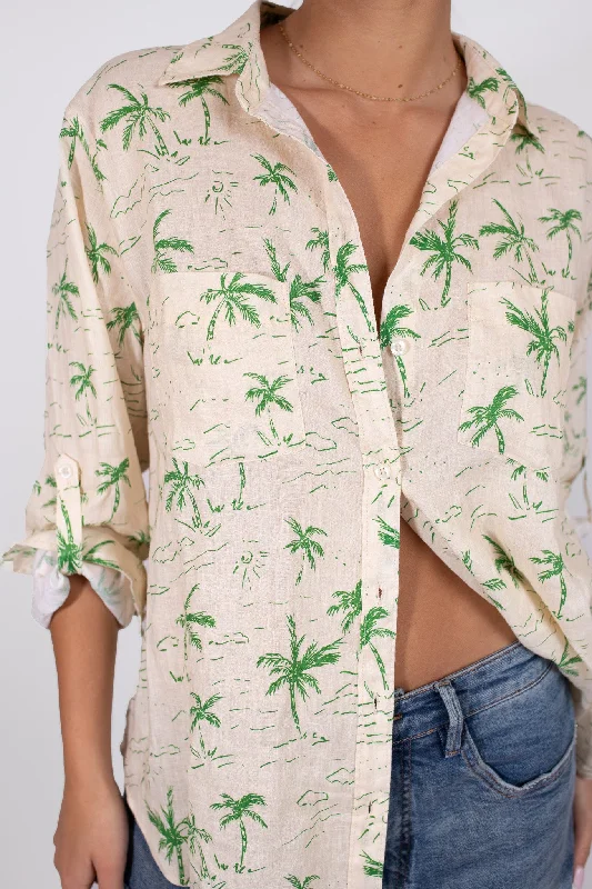 Tropical Vista Print Boyfriend Linen Shirt