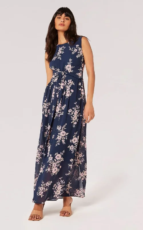 Apricot- Botanical Silhouette Blooms Chiffon Maxi Dress