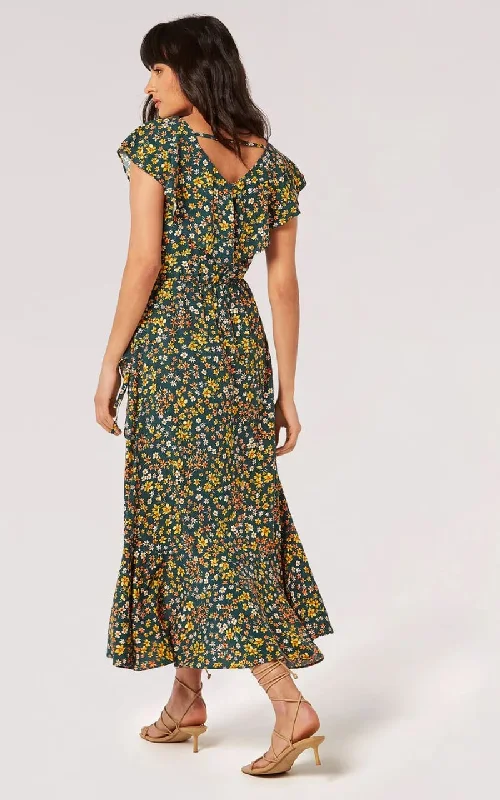 Apricot- Ditsy Floral Ruffle Wrap Midi Dress