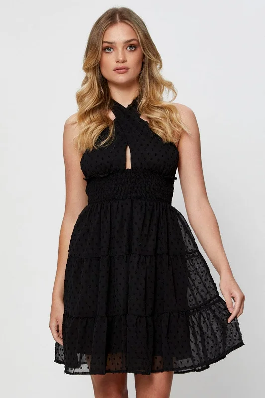 Black Fit And Flare Dress Sleeveless Halter Neck