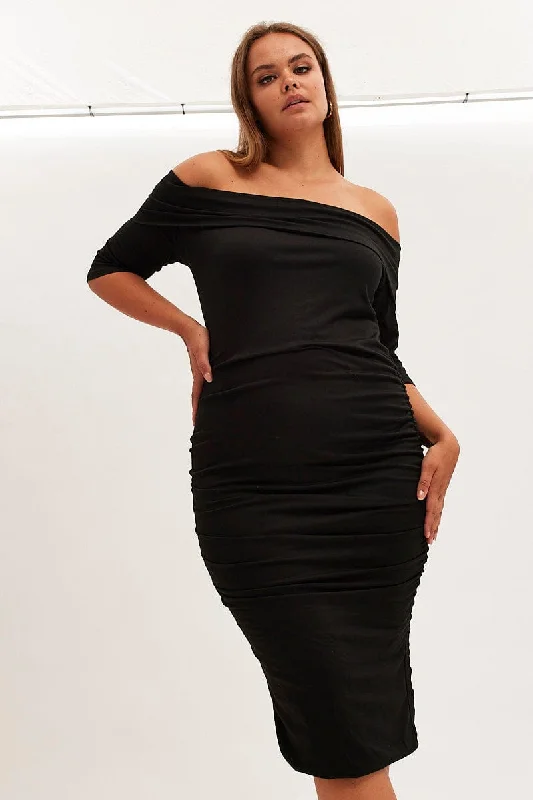 Black Midi Dress Off Shoulder Bodycon Jersey