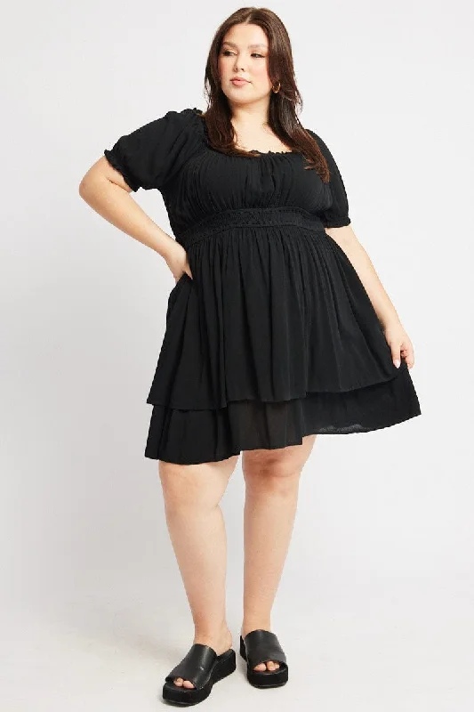 Black Shirred Waist Crinkle Scoop Neck Minidress