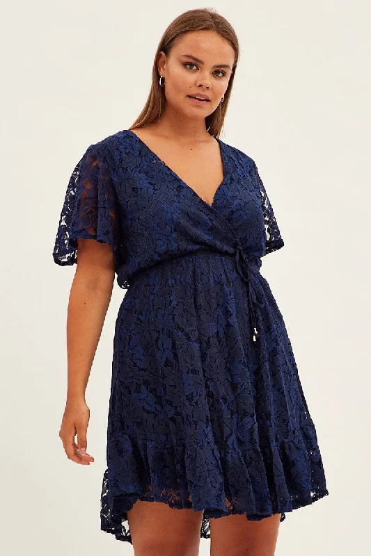 Blue Fit And Flare Dress Short Sleeve Wrap Lace