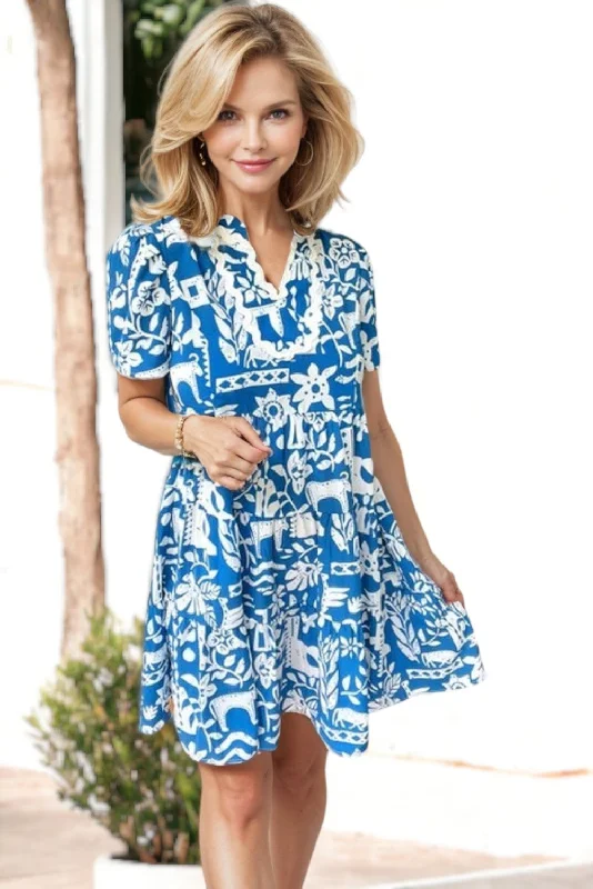 Blue Ricrac Trim Split Neck Floral Loose Dress