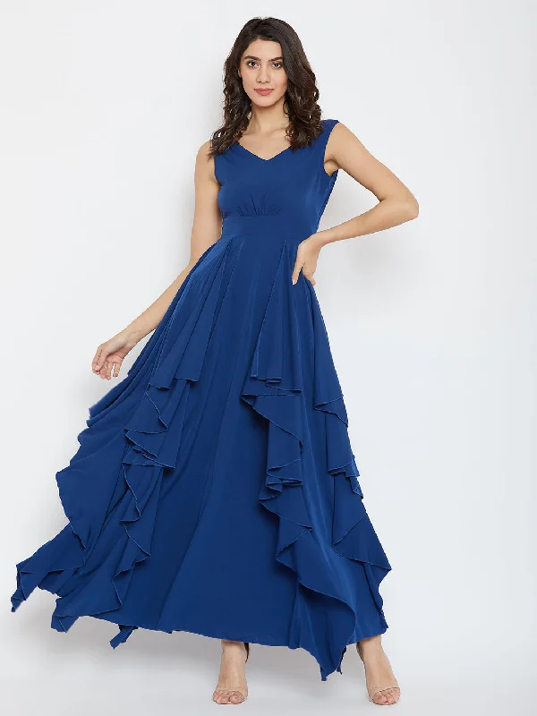 Berrylush Women Solid Blue V-Neck Sleeveless Open-Back Ruffled Maxi Dress