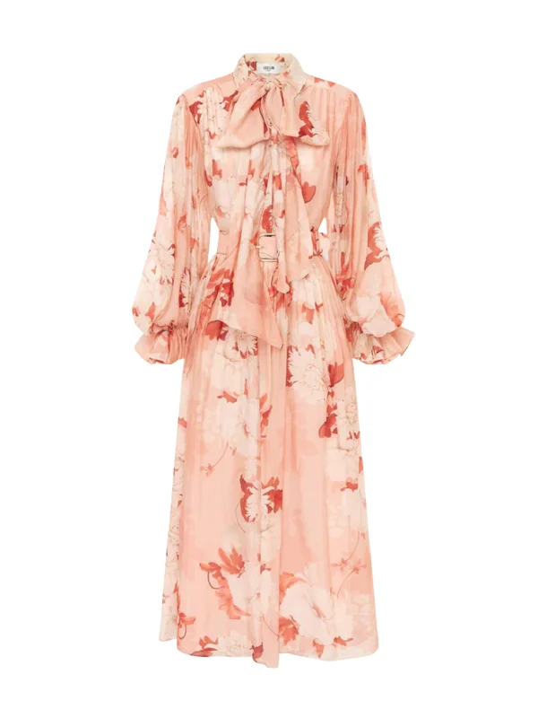 Cassie Tie Neck Midi Dress - Peony Print