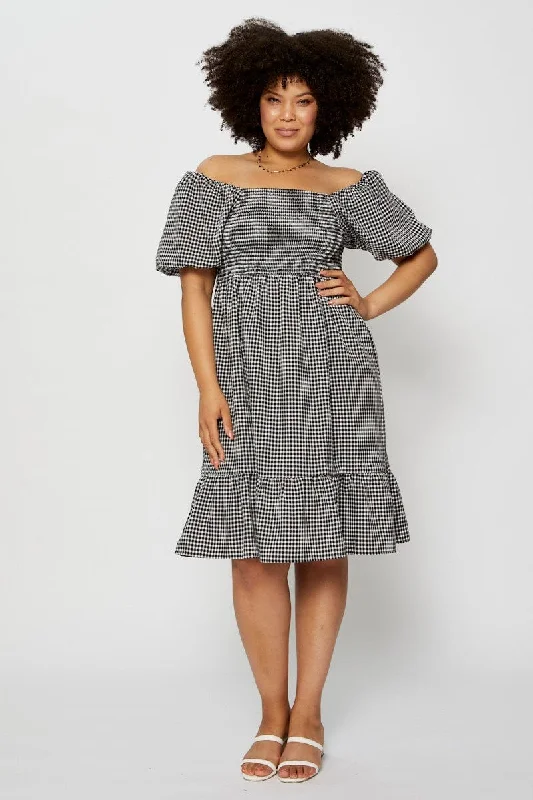 Check Skater Dress Square Neck Puff Sleeve