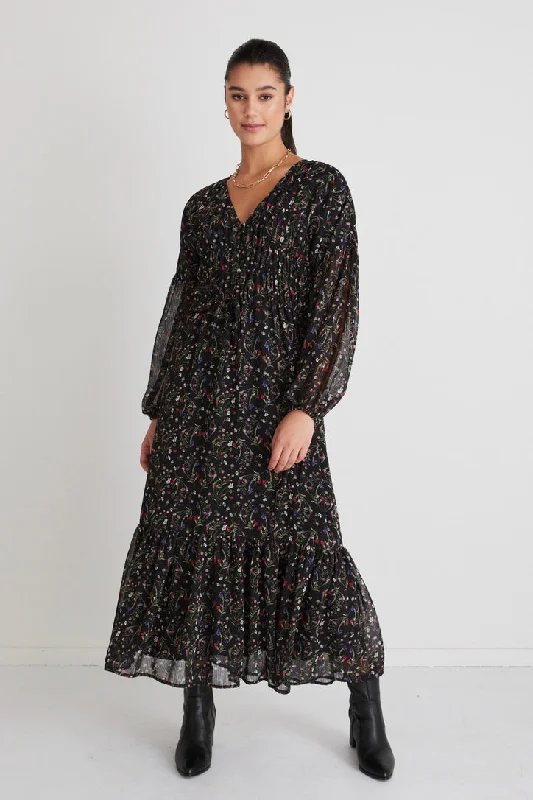 Chelsea Black Garden Ls Button Front Waisted Maxi Dress