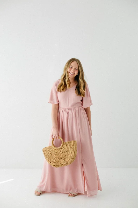 'Clarice' V-Neck Chiffon Maxi Dress in Blush FINAL SALE