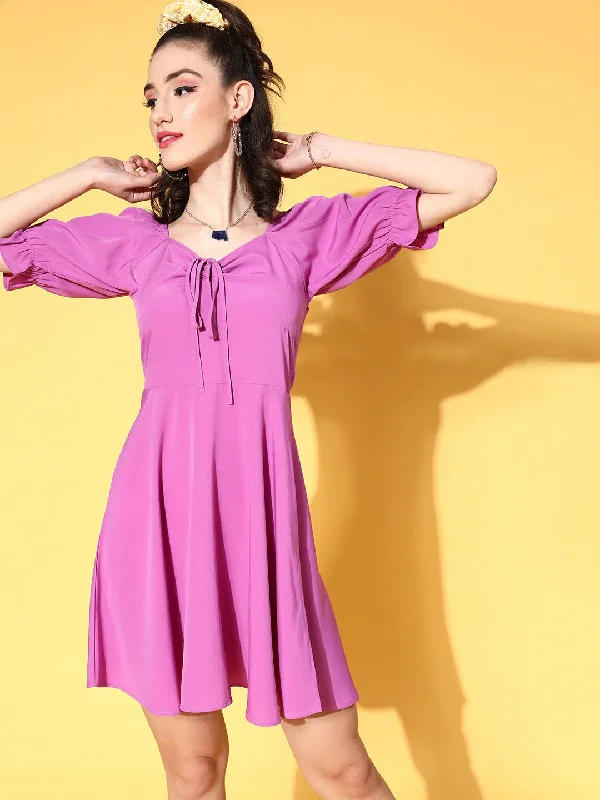 Berrylush Women Solid Purple Puff Sleeve Crepe Fit & Flare Mini Dress