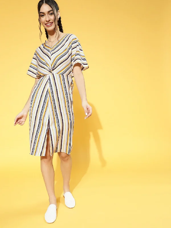 Berrylush Women Yellow & Off-White Stripe Printed V-Neck Front Slit Pleated A-Line Mini Dress