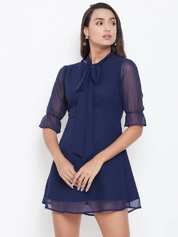 Berrylush Women Solid Navy Blue Elasticated Sleeve Tie-Knot Mini Dress