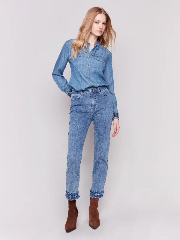 Embroidered Cuff Jeans - Medium Blue