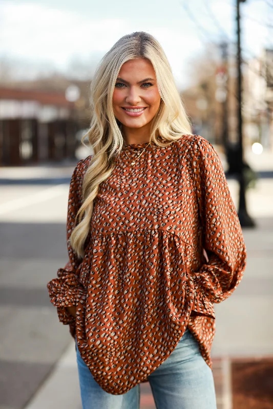 FINAL SALE - Exceptional Option Brown Spotted Babydoll Blouse