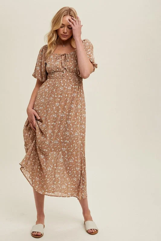 Floral Front Tie Midi Dress - Mocha