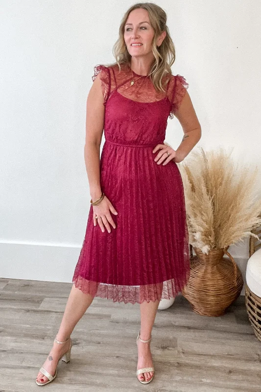 Floral Lace Pleated Midi Dress - Wine