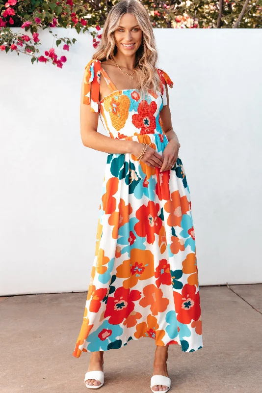 Floral Self Tied Straps Smocked Bust Maxi Dress