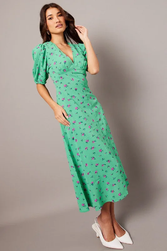 Green Floral Midi Dress Puff Sleeve Tea Dress