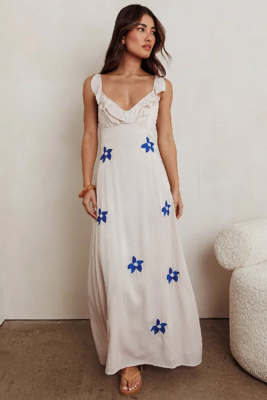 Hibiscus Ruffle A-line Maxi Dress Bone