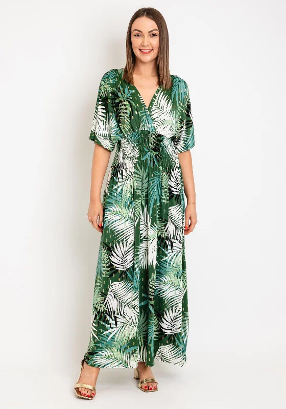 Serafina Collection One Size Leaf Print Maxi Dress, Green