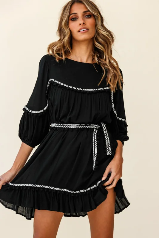 Marionette Three-Quarter Sleeve Pom-Pom Dress Black