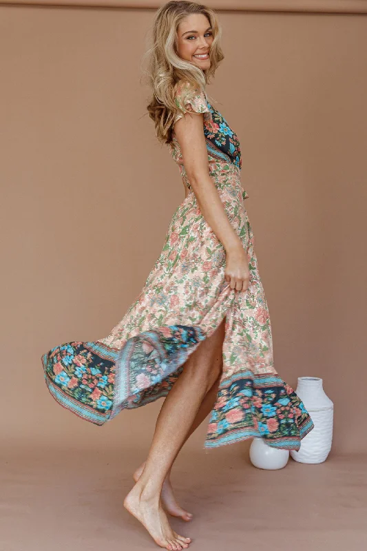 Mayan Angel Sleeve Wrap Midi Dress Floral Nude