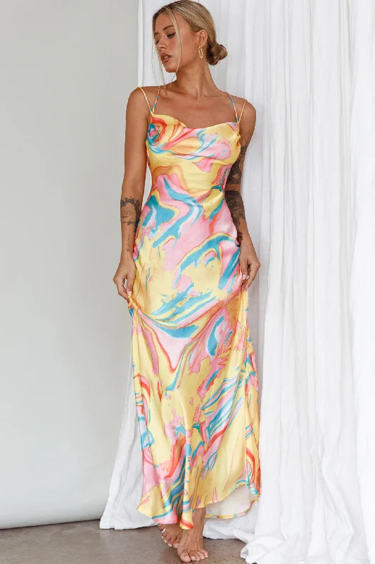 Moment With You Ruched Bust Midi Dress Swirl Yellow/Green