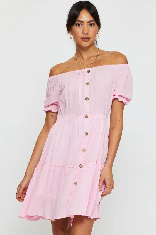 Pink Mini Dress Off Shoulder Linen