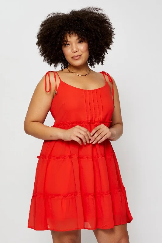 Red Skater Dress Square Neck Sleeveless Tie