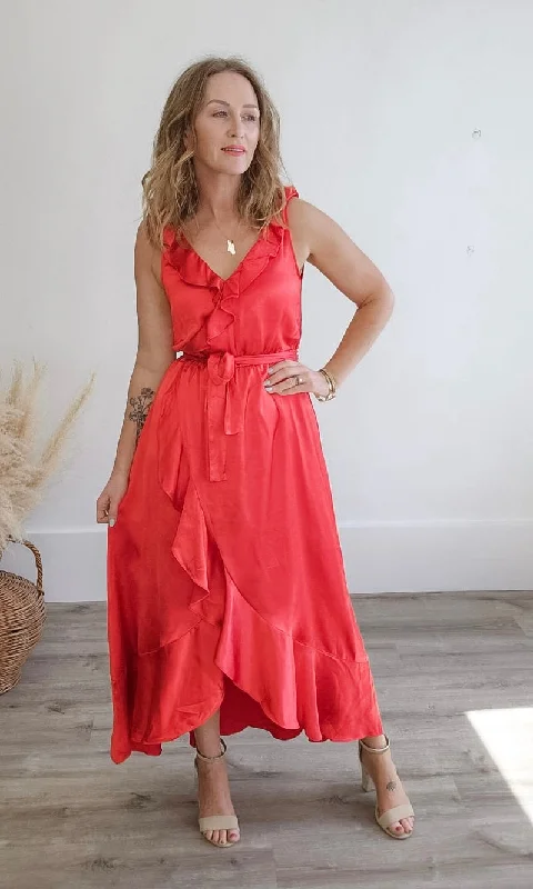 Ruffled Satin Wrap Maxi Dress - Coral Red