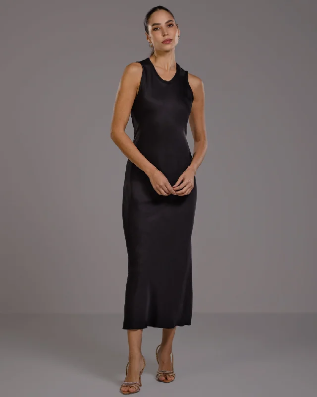 Sabrina Sleeveless Satin Dress | Black