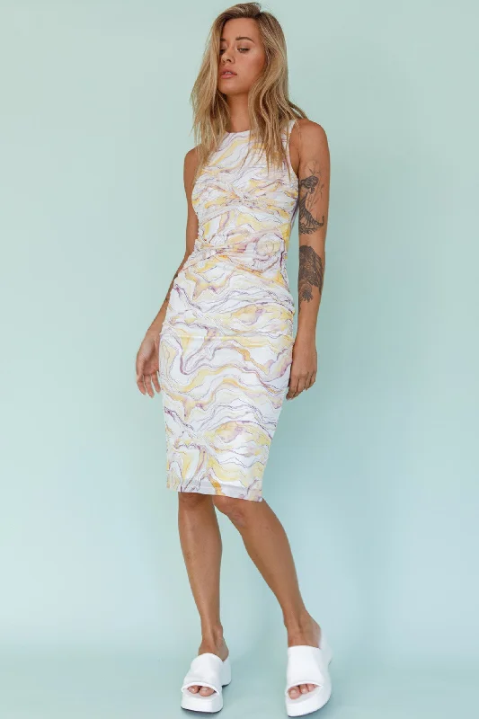 Sarafina Twist Accent Mesh Midi Dress Marble Yellow