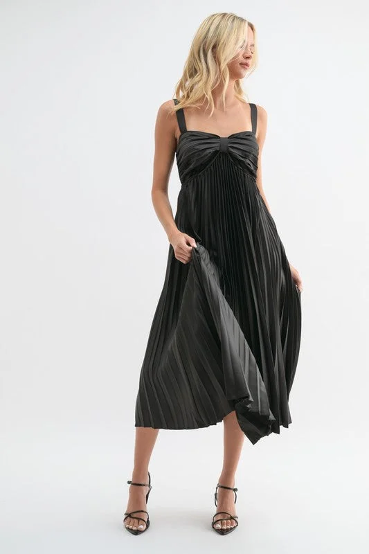 Satin Pleated Midi Dress - Black