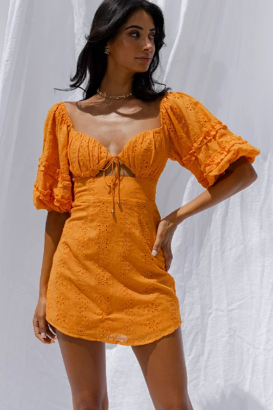 Sweet Romance Puff Sleeve Eyelet Mini Dress Sunset