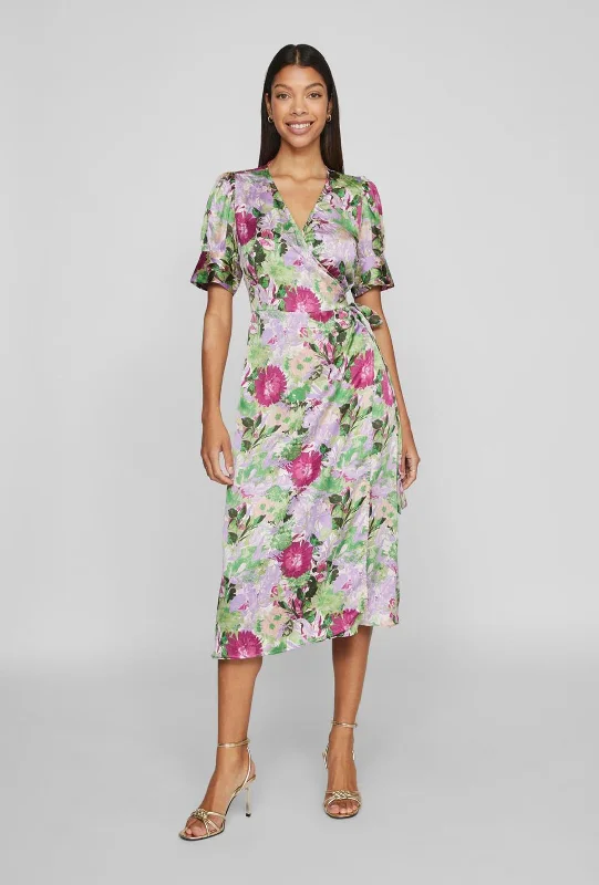 Vila Naria Floral Wrap Midi Dress, Fern Green