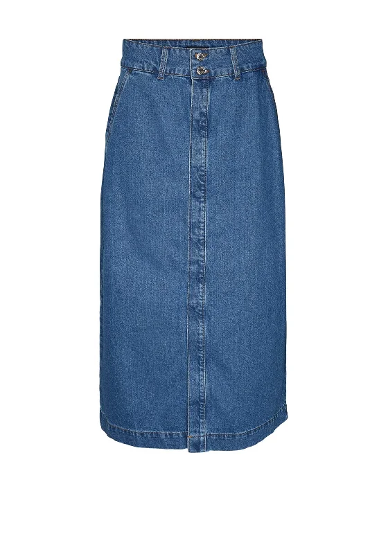 Vero Moda Julia High Rise Denim Midi Skirt, Medium Blue Denim