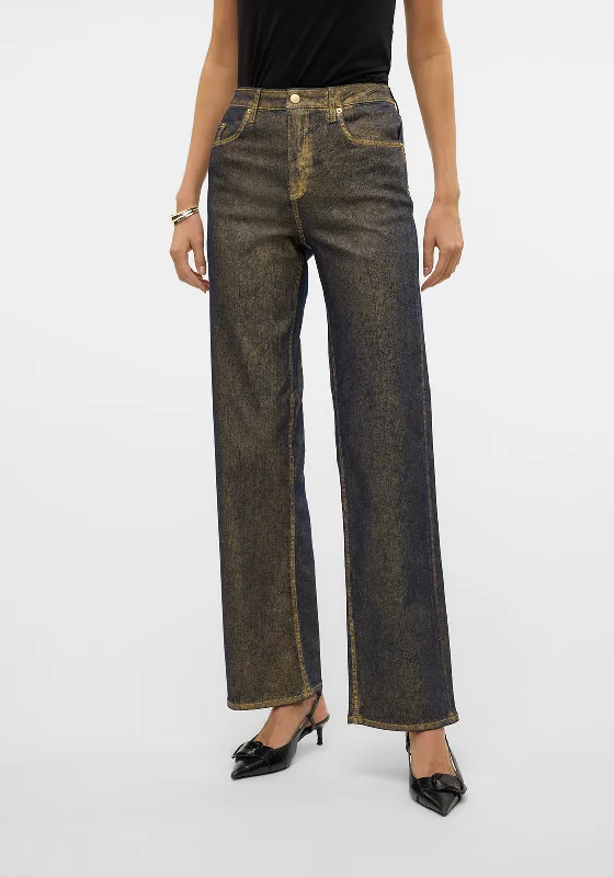 Vero Moda Tessa Gold Metallic Coated Wide Leg Jeans, Medium Blue