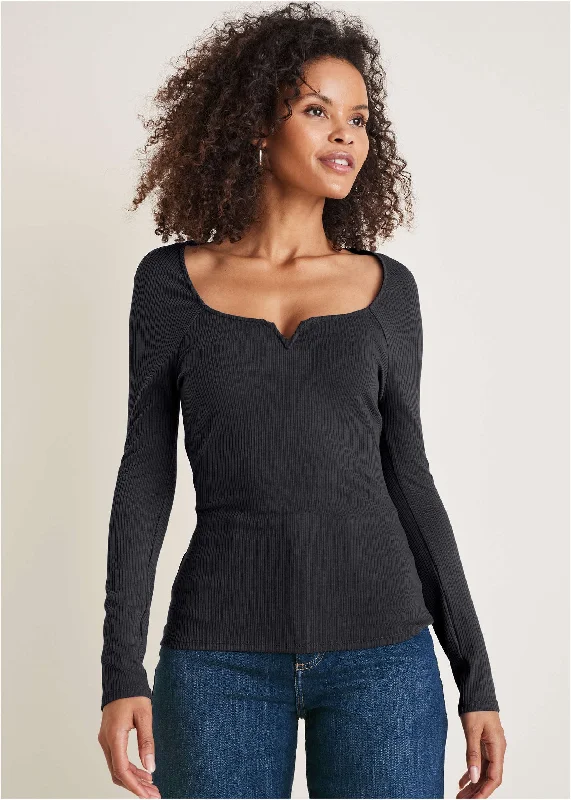 Deep Scoop Neck Ribbed Top - Black