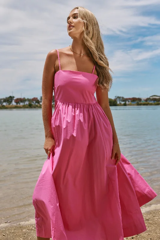 Zion Hot Pink Poplin Strappy Maxi Dress