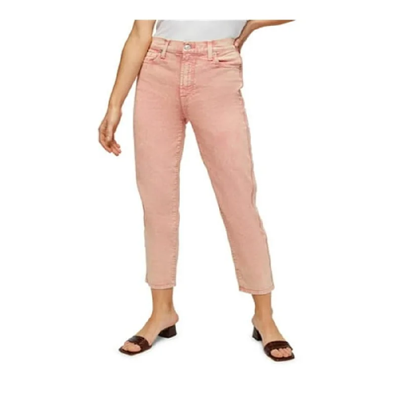 7 For All Mankind Women's Stretch Pocketed Zippered Crop High Rise Denim Acid Wash Straight Leg Jeans Pink