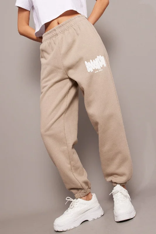 Beige Track Pants High Rise